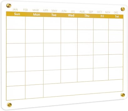 Acrylic Calendar Dry Erase Board for Wall,15.7x11.8, Golden Monthly Calendar Whiteboard for Home,Office, School
