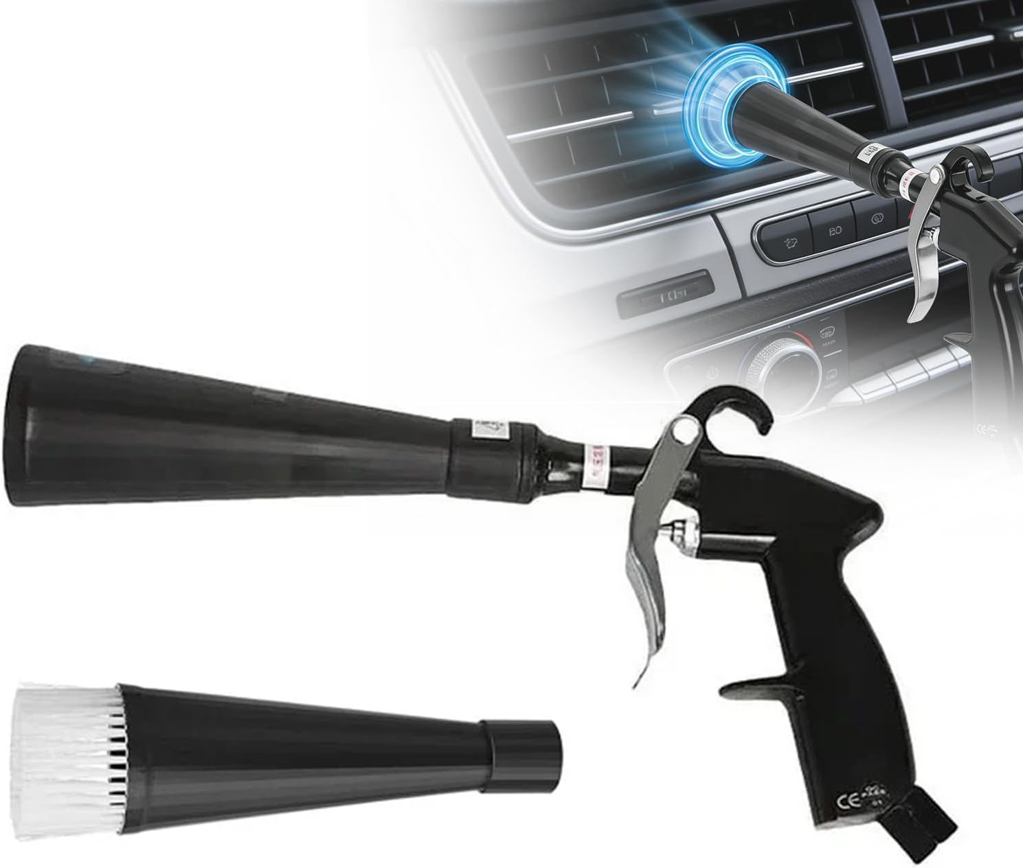 SakerPlus Dry Cleaning Gun, Air-Powered Car Interior Cleaning Tool with Vortex Airflow, Air Compressor Gun for Seats, Carpets, Floor Mats, Vents and Auto Detailing (2 Set Nozzle)