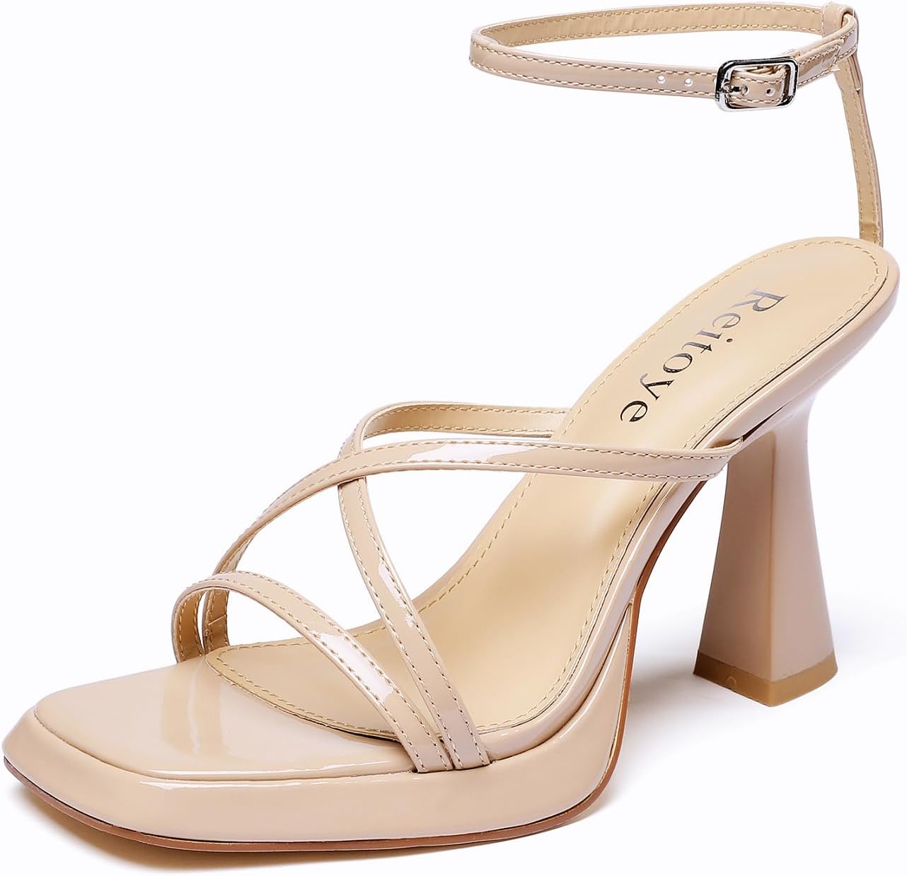 Reitoye Strappy Heels for Women Platform High Chunky Heels Square Open Toe Heeled Sandals Ankle Strap Block Heels