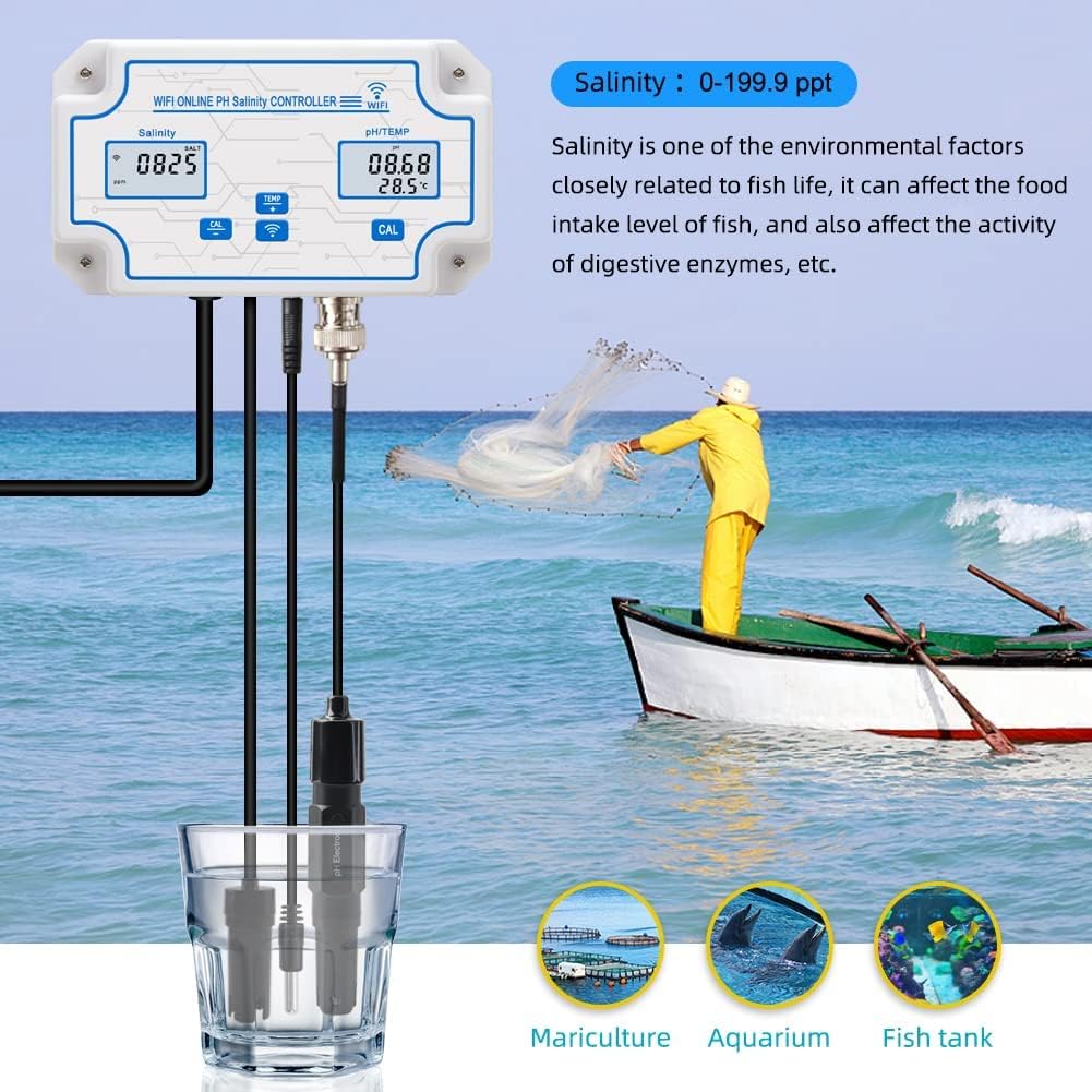 WiFi Pool Salt Tester and pH Monitor, Aquarium pH Monitor with pH Controller Online, Salinity Tester for Saltwater Pool Koi Fish Pond Aquaculture Aquarium Desalination Tuya APP Control