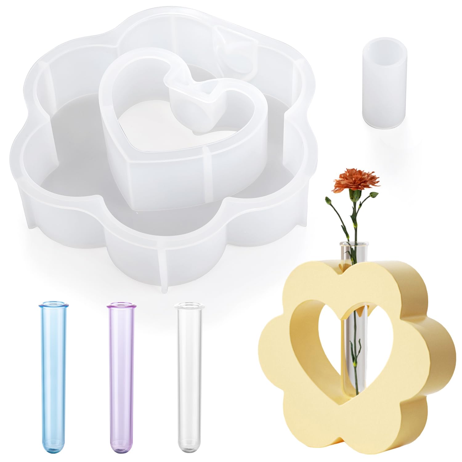 Waitamo Resin Moulds, Flower Heart Shape Epoxy Resin Moluds with 3 Acrylic Test Tubes Reusable Hydroponic Vase Silicone Mould for Making Vase (Flower Shape)
