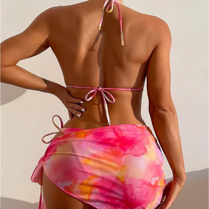 Maillot de bain triangle avec jupe de plage rose pour masquer les hanches