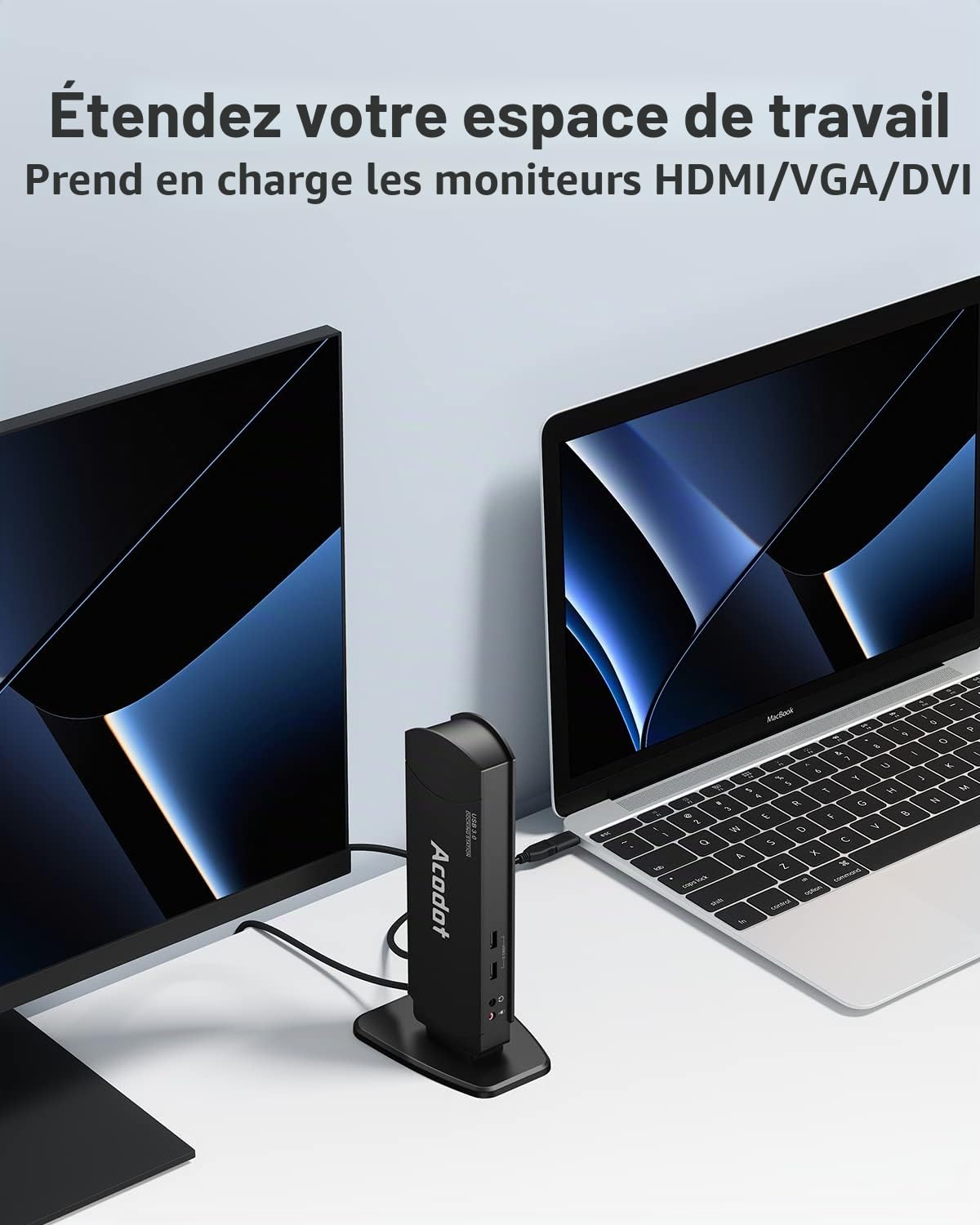 Acodot Station d’Accueil USB 3.0 Double écran (HDMI/DVI/VGA) – 6× USB 3.0, Gigabit Ethernet, Audio – Dock Universel pour PC Portable – 2560×1440/1080p – Adaptateurs DVI-HDMI & DVI-VGA