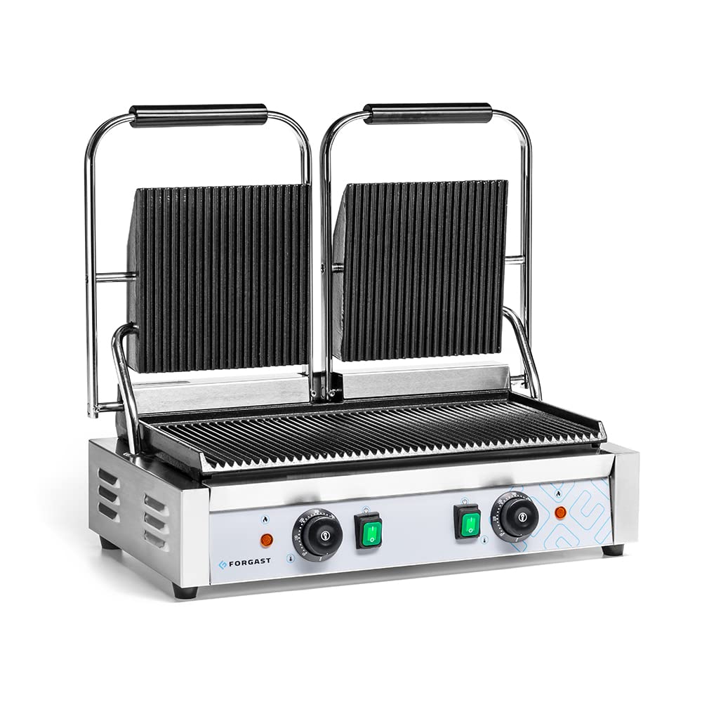 Double Panini Grill | Plaque supérieure/inférieure en fonte | Construction durable en acier inoxydable | Grill électrique avec contrôle de température 50-300°C | Idéal comme machine à panini