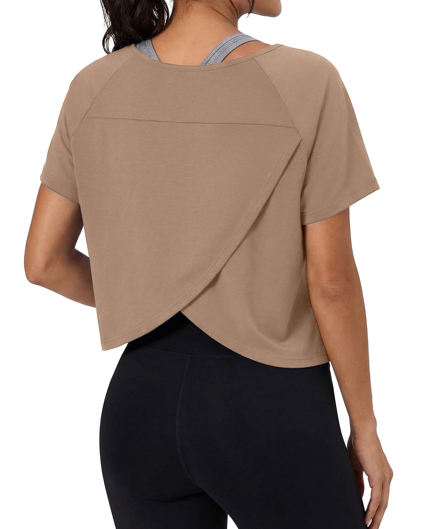 GRECERELLE Workout Tops for Women Short Sleeve Athletic Shirts Running Yoga Crop Gym Pilates Top Crossover Back Y2k — view 9