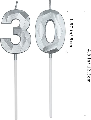 Miniatura 2 de Velas de 30 cumpleaños para tartas, velas plateadas con forma de diamante 30 con forma de diamante, decoraciones de cumpleaños, suministros de