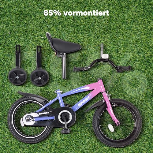 BODIOO Kinderfahrrad 14 Zoll, Fahrrad für Jungen und Mädchen mit Stützrädern, stabilem Rahmen, verstellbarem Sitz, Rücktritt- und Handbremse, geeignet für Fahrer von 94 bis 107 cm (Lila Farbverlauf)