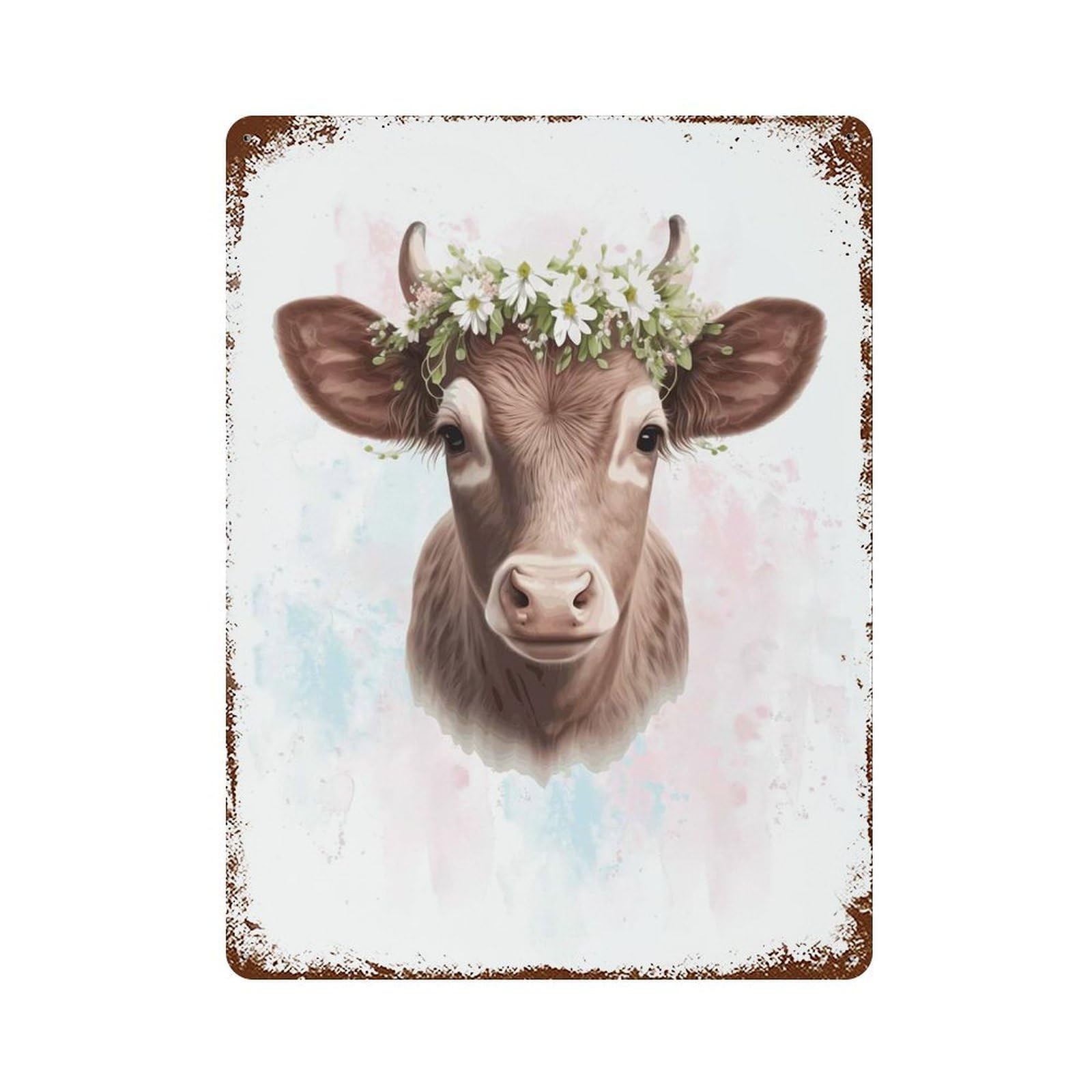 Garage Style Watercolor Calf Baby Cow Distressed Metal Wall Sign 15.7"x11.8", Shabby Chic Decor for Bar And Workshop