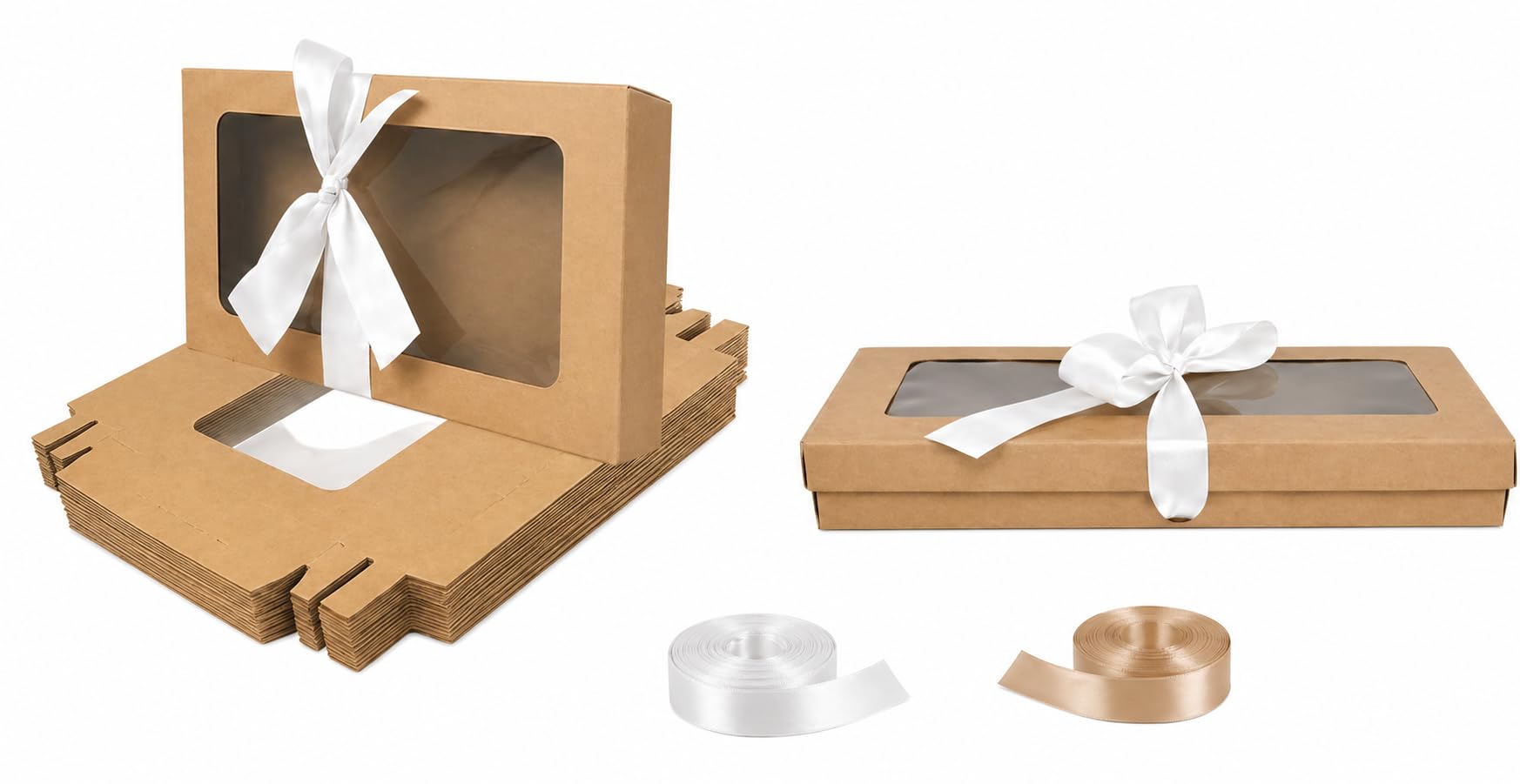 Emartbuy Pack of 12 White and Brown Gift Boxes with Clear Window Lid & White Satin Ribbon - Small Slim 21 x 12.5 x 2.5 cm - Recyclable Kraft Presentation Box for Hampers, Treats, Weddings & Favours โ image 1