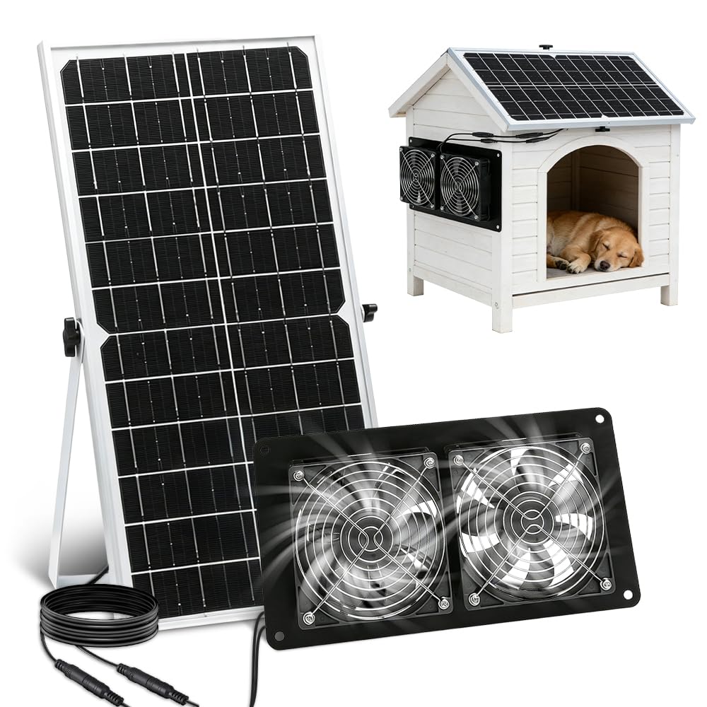 Solar Ventilator Gewächshaus, 16W Solarventilator Wasserdicht mit Unterstützung, Dual Ventilator Solar, Solar Lüfter für Kleine Hühnerställe, Schuppen, Ansaug- oder Abluft