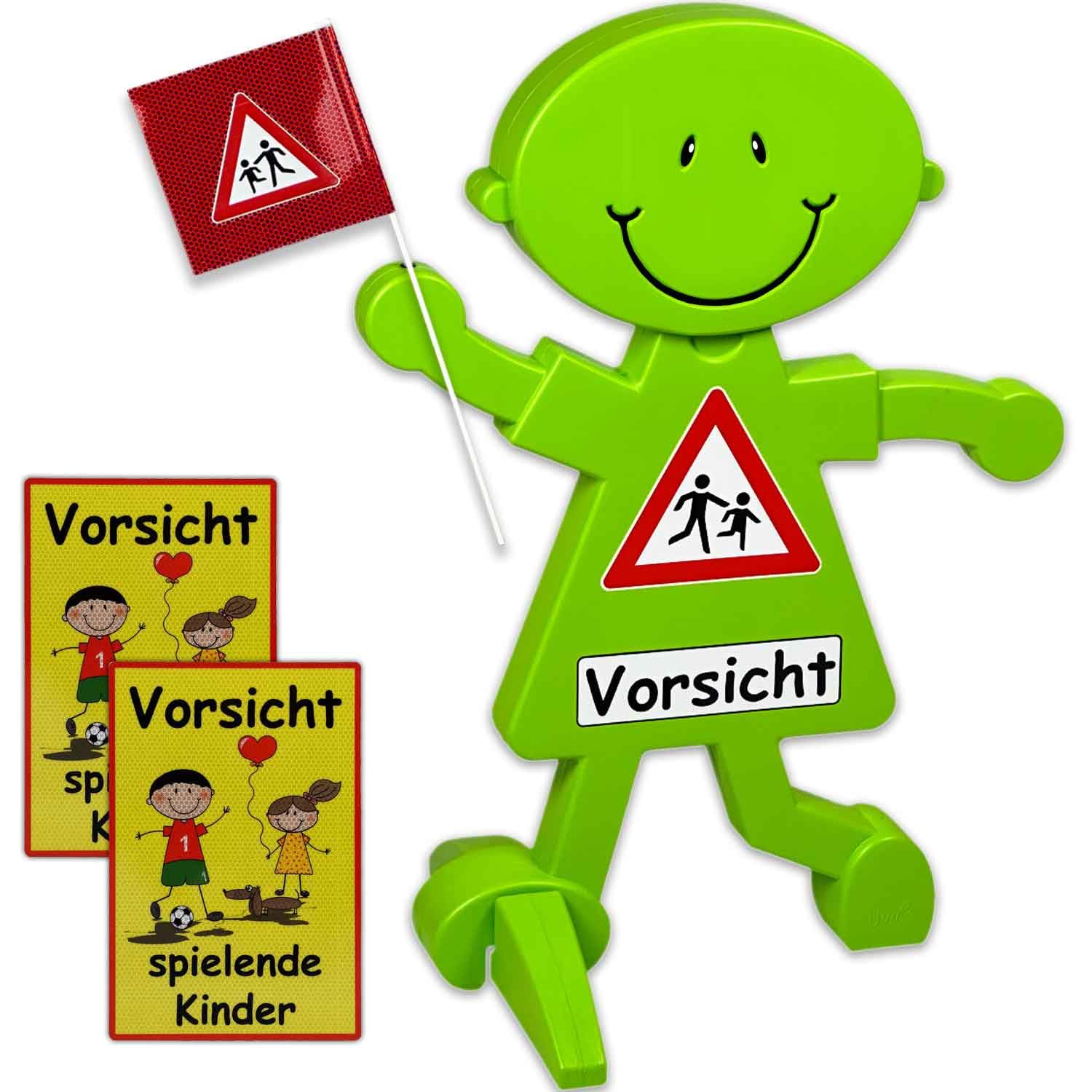 UvV 3D Warnschild "Verkehrssicherheitsmännchen" mit reflektierender Folie für mehr Verkehrssicherheit | 1 Meter hoch mit Warnflagge | leuchtend grün und stark auffallend (Variante 1 + Klebeschild)