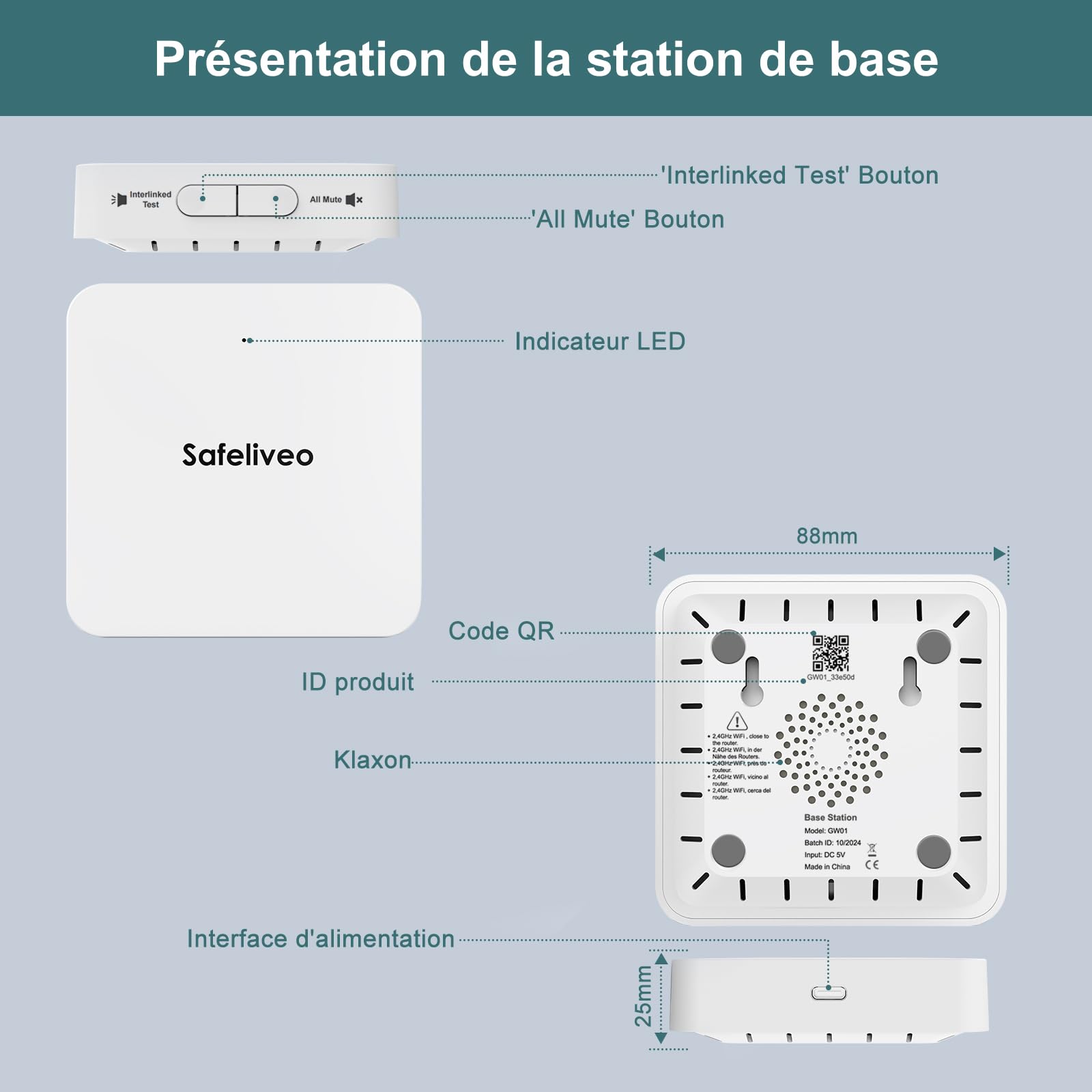 Safeliveo Détecteur de fumée interconnecté WiFi avec Batterie de 10 Ans, Lot de 2 avec Station de Base, certifié TUV Rheinland, Ensemble d'alarme de fumée à contrôle par Application