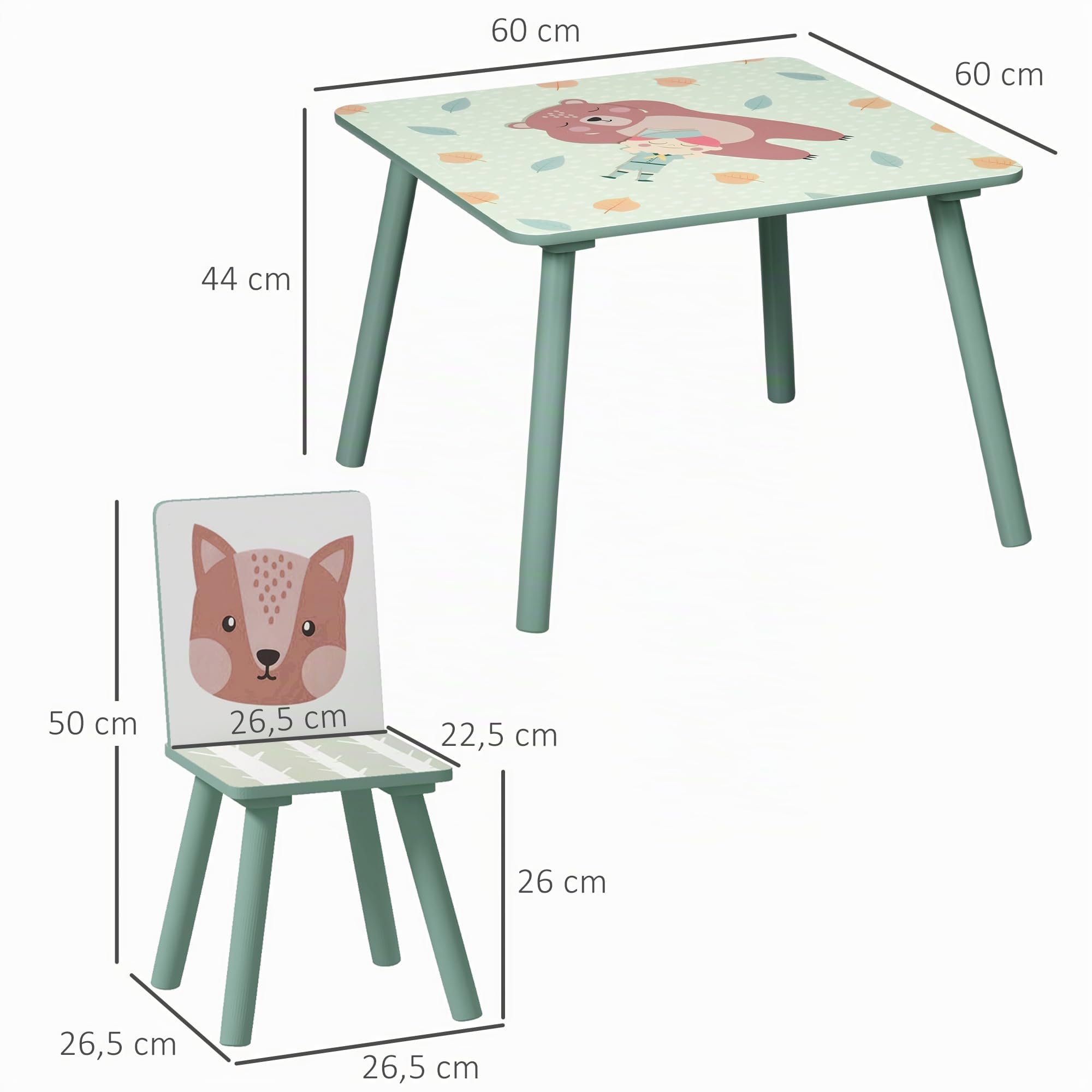 ZONEKIZ Table Enfant 2 chaises 3 pièces Motif Animal 3-8 Ans Vert