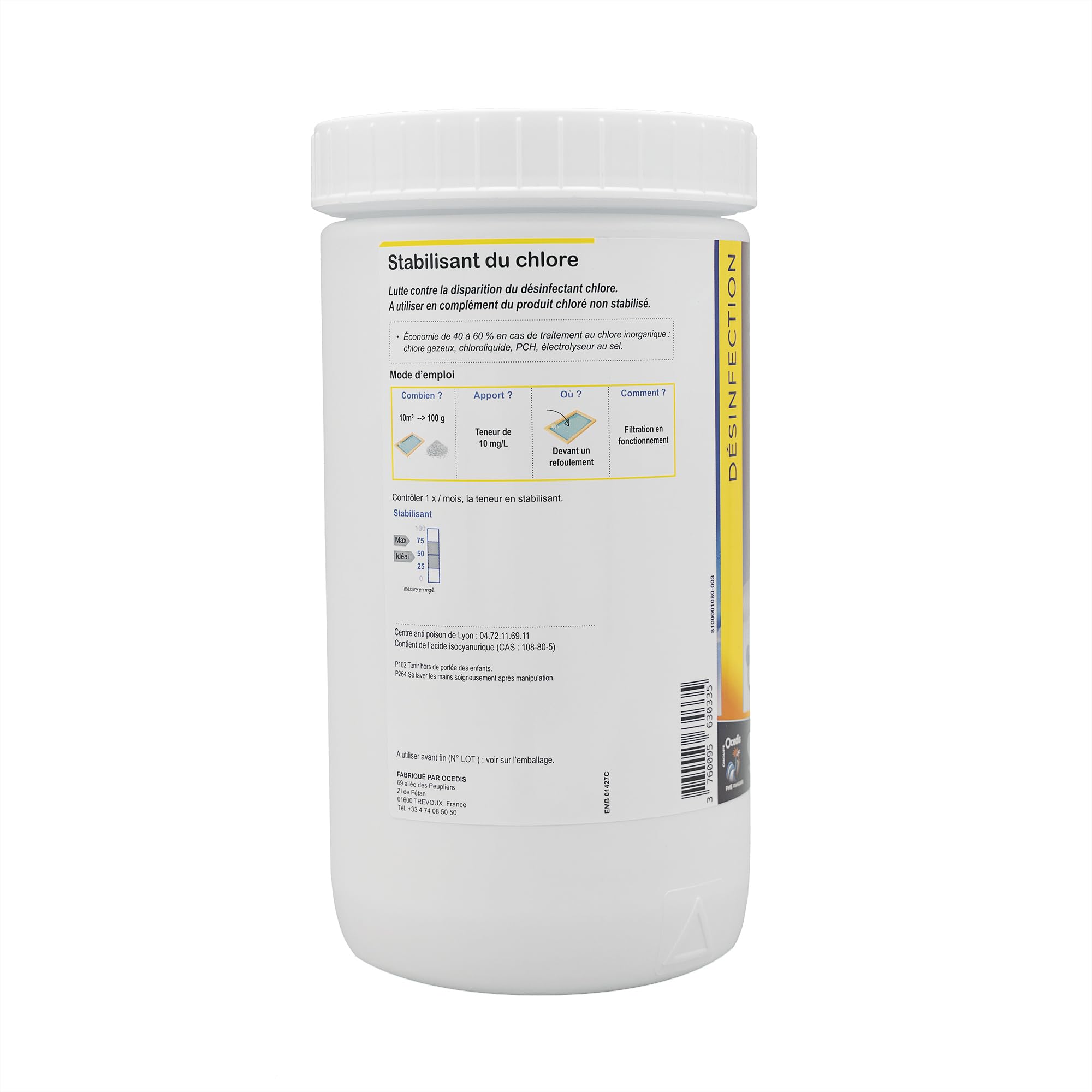OCEDIS STABILISANT du Chlore Poudre - 1kg | Stabilisant - Stabilisateur du Chlore + 10 Tests HPS OFFERTS 6 en 1