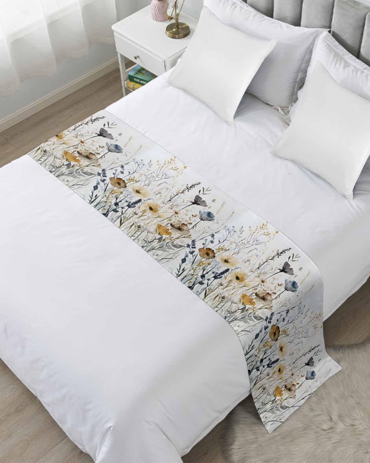 Bed Runner for Cal.King Size Bed, Spring Flowers Decorative Scarf Throws for Foot of Bed, Rustic Watercolor Botanical Floral Herbs Luxury Bedding Protector Slipcover for Hotel/Home, 102 x 20 Inch