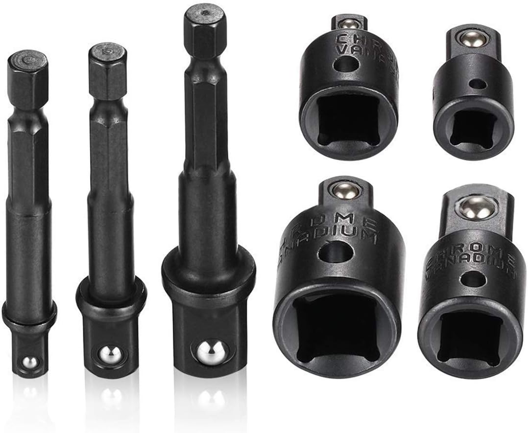 7 Pieces Socket Adapter Set Includes 3 Pieces 1/4" Hex Shank Impact Socket Adapter Extension Bar (1/4", 3/8" and 1/2") and 4 Pieces Impact Socket Adapter and Reducer Set