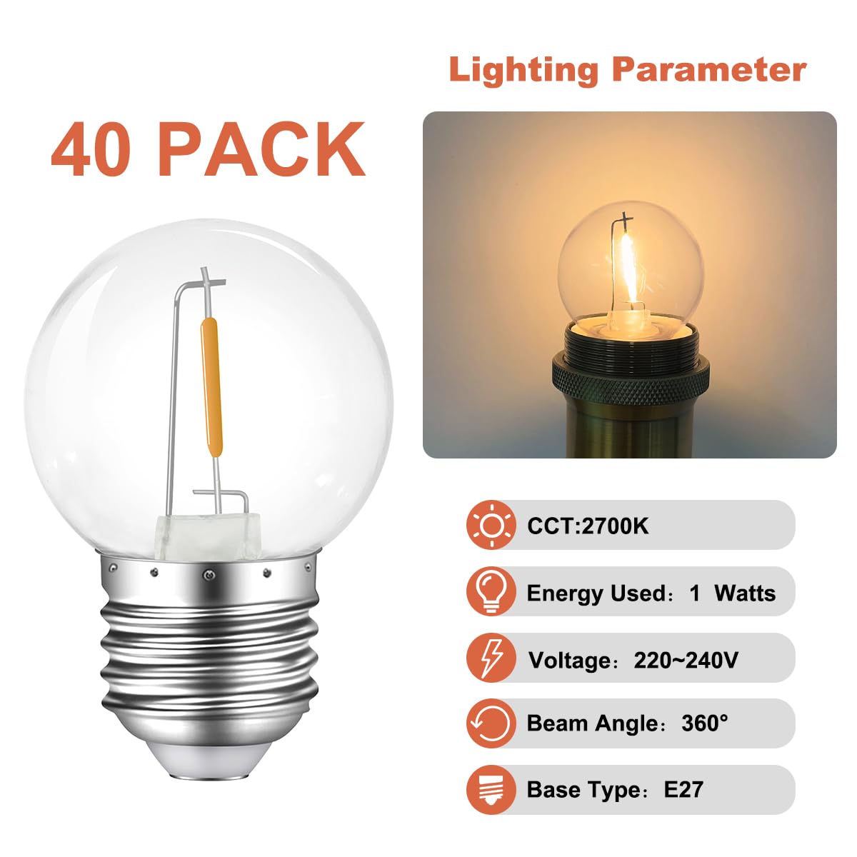 Lote de 40 bombillas LED E27 1W, bombillas LED E27, bombilla blanca cálida, 2700 K, equivalente a bombillas de 5 W, plástico, no regulable