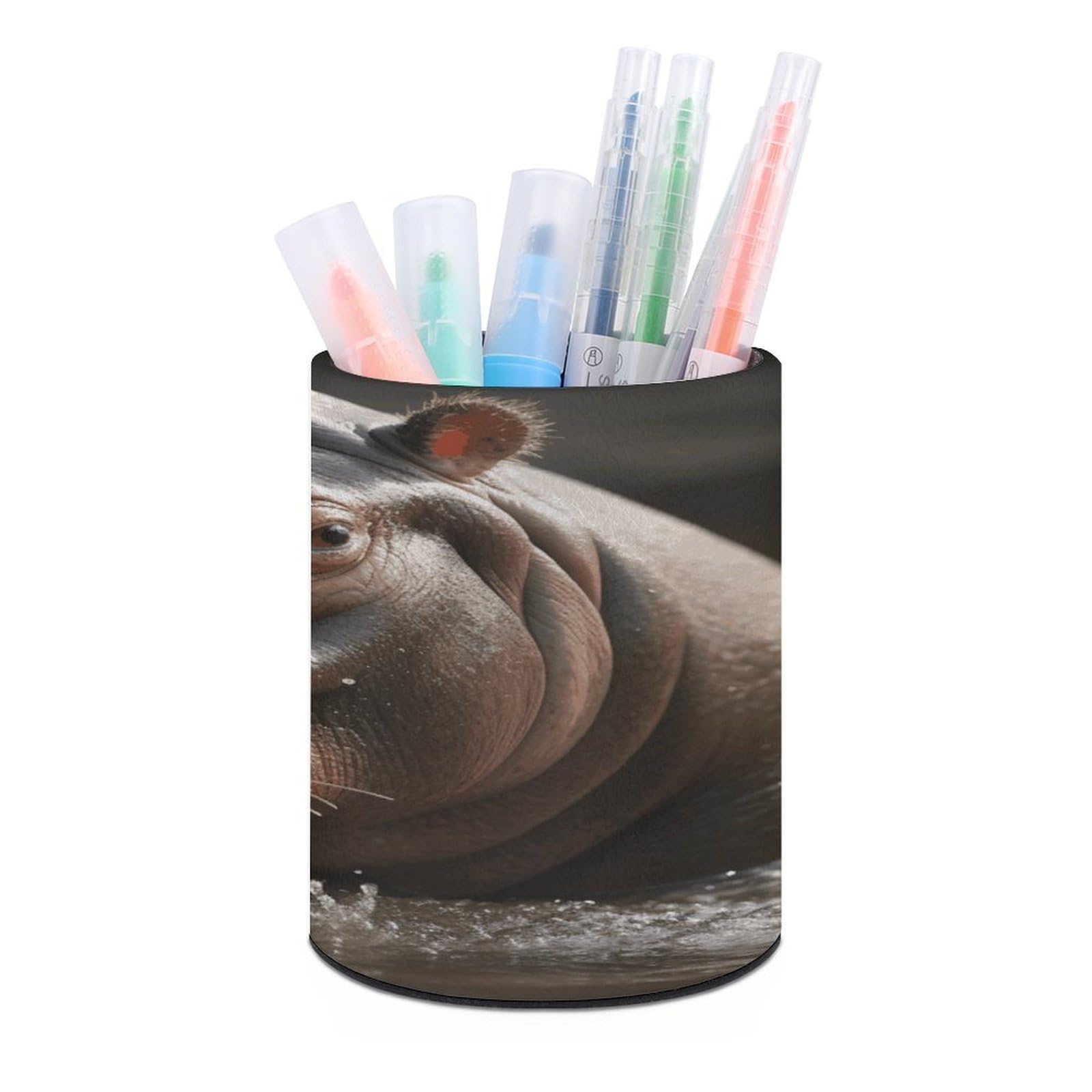 FekiLoot Round Leather Pen Holder - Multipurpose Desk Organizer, Modern Pencil Cup, Hippo Pencil Holder, Unique Makeup Brush Holders for Office Home Supplies & Gifts