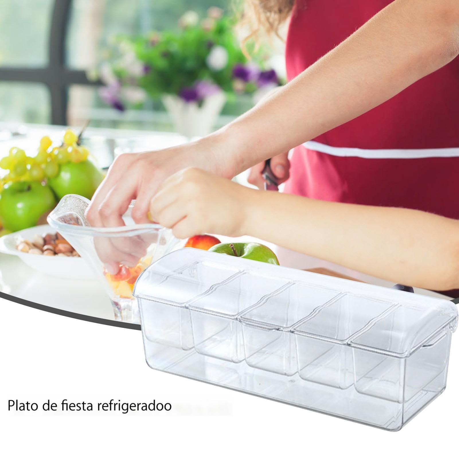 Servidore di condimenti refrigerati – Vassoio a 5 scomparti con fondo di | ghiaccio, stazione di servizio per guarnizioni trasparente, organizer per frutta rimovibile, contenitore di Com