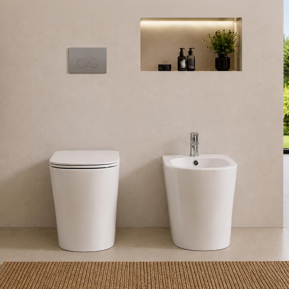 Sanitari Filo Muro 48 Cm Salvaspazio Con Wc E Bidet Linea Atami, Set Con Scarico A Terra Tornado Rimless E Sedile Soft Close, Ceramica Bianco Lucido