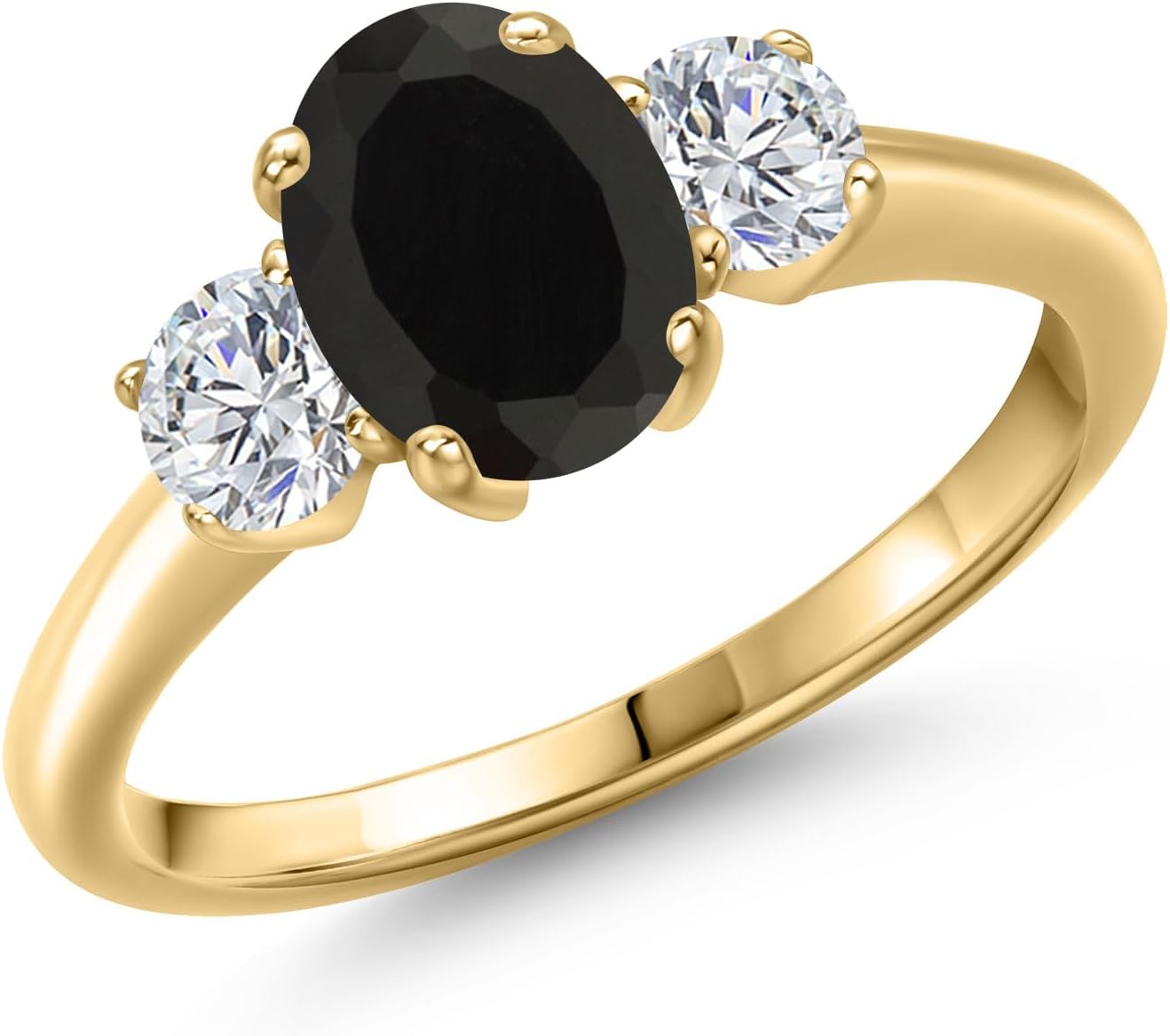 Gem Stone King 10K Yellow Gold Black Onyx and Lab Grown Diamond 3-Stone Engagement Ring For Women | 2.14 Cttw | 3 Stone Wedding Engagement Anniversary Promise Ring For Women
