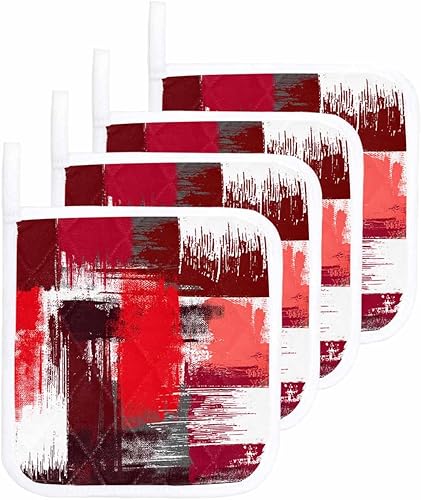 4 Packs Modern Gradual Red Pot Holders Sets for Kitchen,Oven Pan Plate Bowl Pads Heat Proof Mat with Hanging Loop,Terry Cloth Potholders Soft Grip