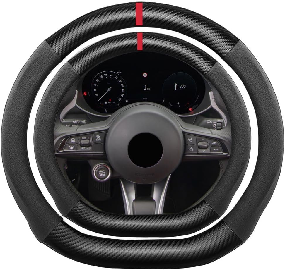 D Shape Suede Carbon Fiber Steering Wheel Cover, Compatible with Alfa Romeo Giulia Stelvio 15 inch Flat Bottom Soft Suede Touch Leather Sport Non-Slip Automotive Interior Accessories