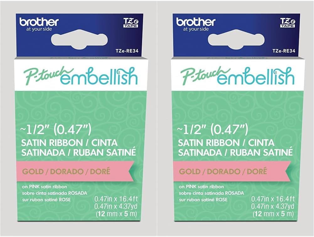 Brother PTouch Embellish Gold Print on Pink Satin Ribbon