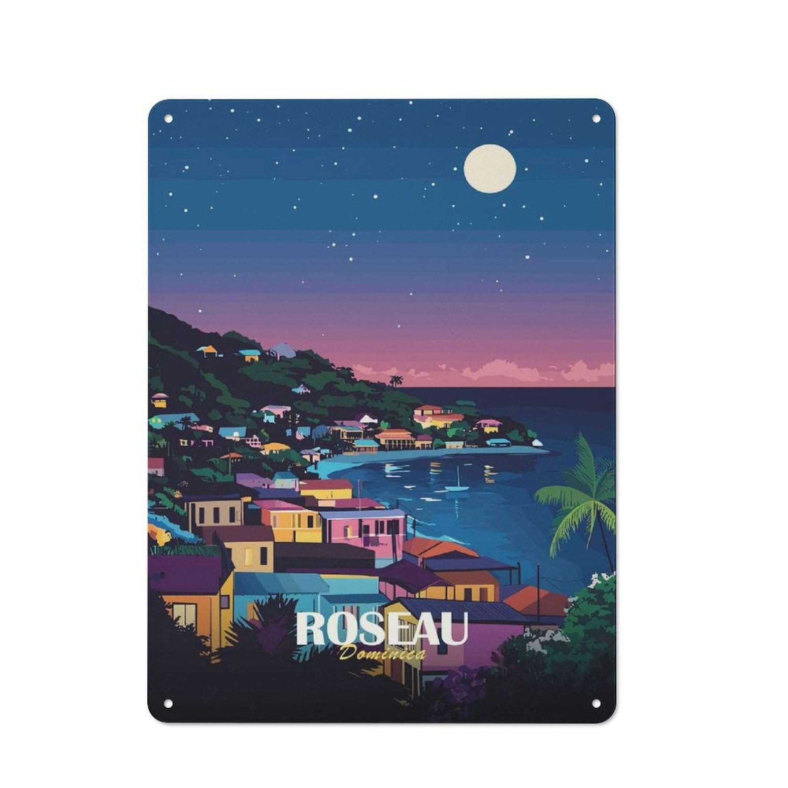 Junmoney Style-22 Retro Metal Plaque 40X30cm Featuring Roseau Dominica Nightscape Art Print For Workshop Wall, For Metal Sign Collectors, For Garage And Workshop Walls