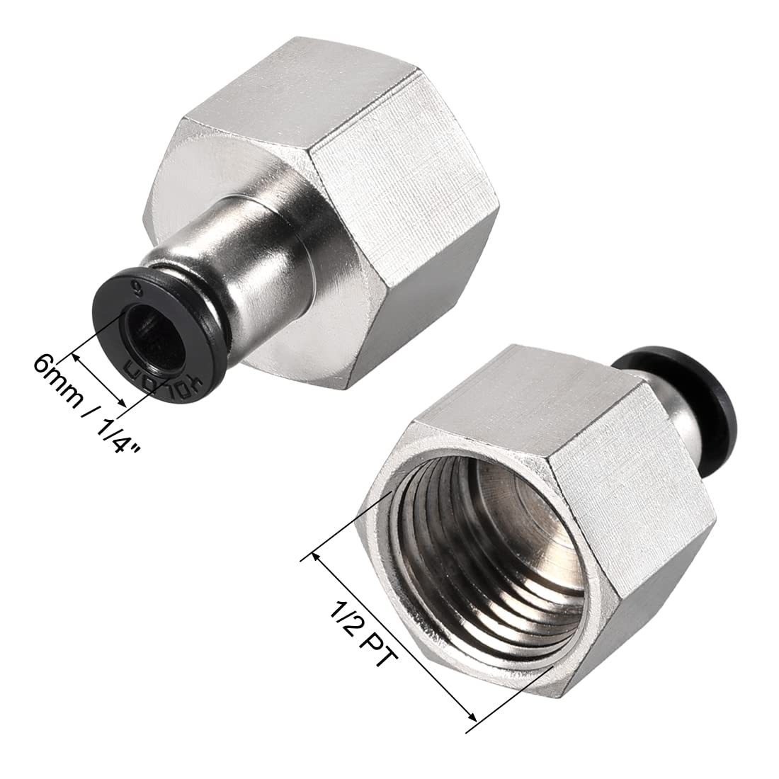 uxcell Push to Connect Tube Fitting Adapter 6mm Tube OD x 1/2PT Female Straight Pneumatic Connecter Silver Black