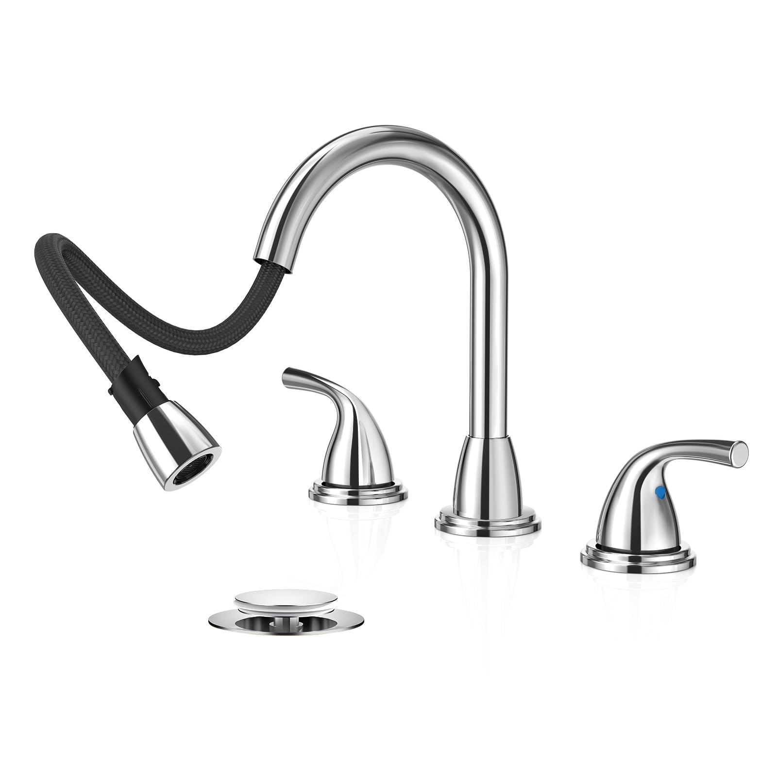 Phiestina Pull Down Sprayer Chrome Widespread Bathroom Faucet, 8 Inch 2 Handles 3 Hole Pull Out ...
