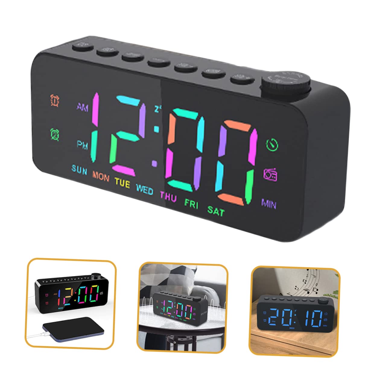SHINEOFI Reloj Despertador Digital de Gran Pantalla LED Negro | USB de Salida, Control de Alarma Independiente, Aviso de Alarma, Plástico, para Dormitorio y Oficina