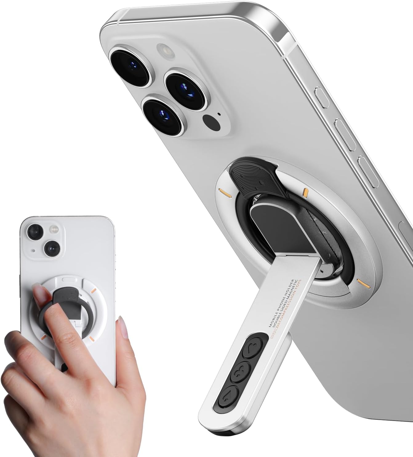 Magnetic Phone Grip for Desk, 3-in-1 360° Swivel Magnetic Finger Ring Holder with Double-Sided Magnet, 360° Rotation Pressure-Relief Cellphone Stand with Rubber Ring for All Phones 4”-8”