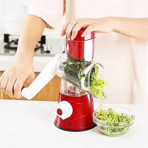 Miniatura 4 de Rallador rotativo de queso, 3 cuchillas de tambor, velocidad manual, redondo, rebanador de alimentos, molinillo de nueces con base de succión fuerte