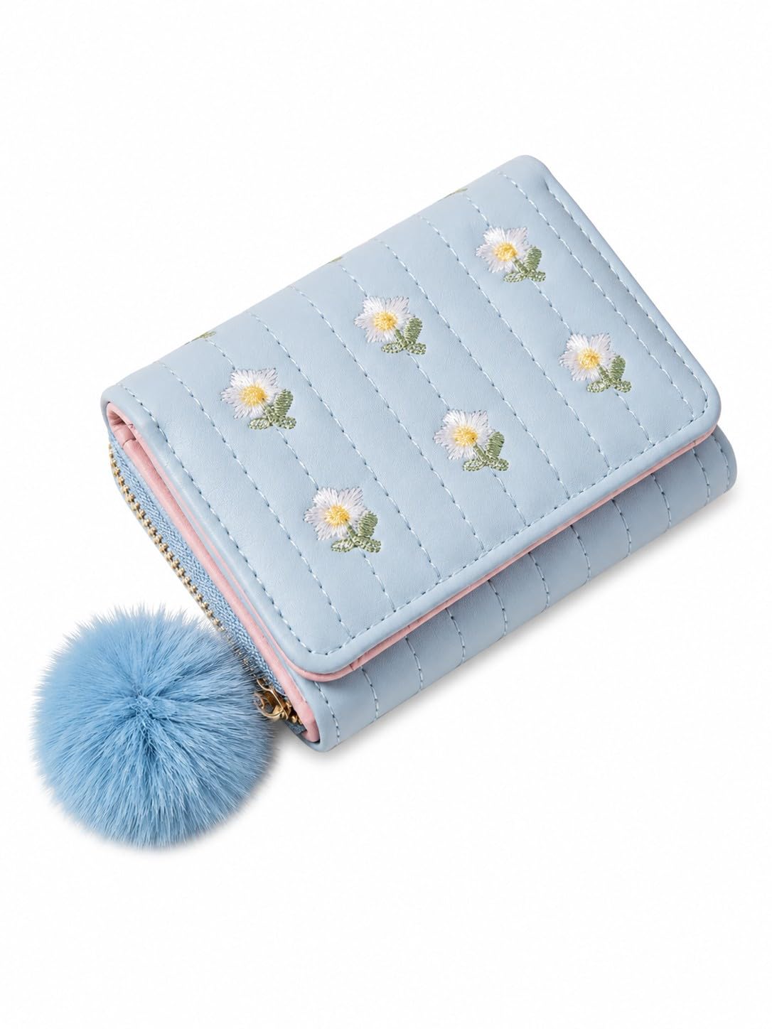 Women's Quilted Daisy Embroidered Faux Leather Wallet with Soft Faux Fur Pom-Pom Charm (Blue)-image-20