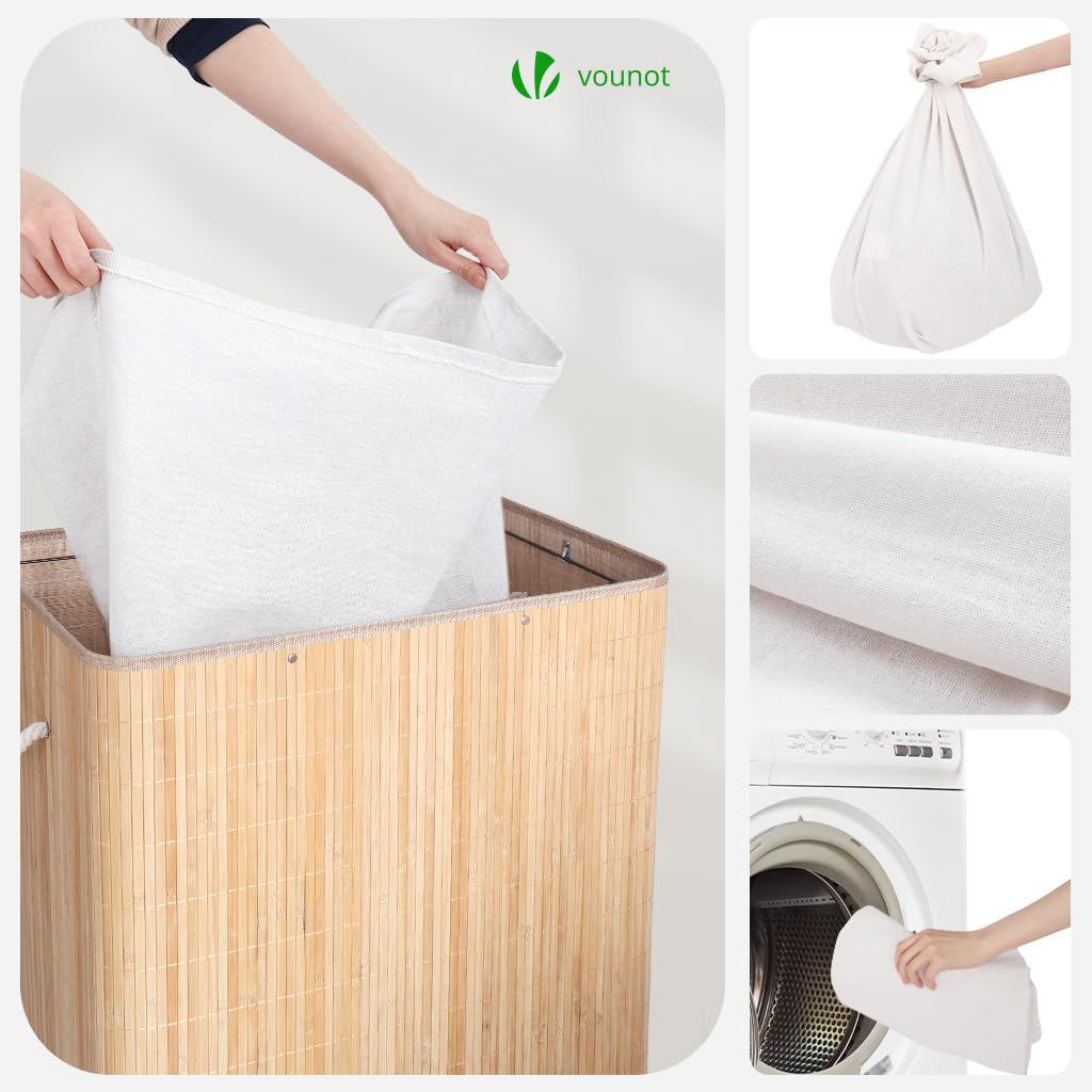 VOUNOT® Cesto Portabiancheria Rettangolare in Bambù 150L, Cesto Pieghevole per Panni Sporchi con Coperchio, Manici e 2 Borse Rimovibili a 3 Scomparti, per Bagno, Lavanderia e Camera da Letto, Naturale
