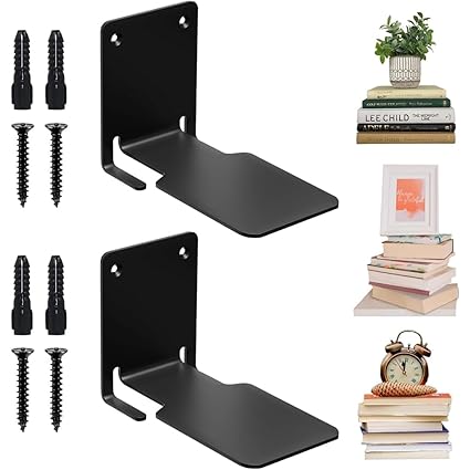 HASTHIP 2Pcs Invisible Wall Book Shelf, Heavy-Duty Metal Floating Shelves Floating Bookshelves Wall Mounted Bookshelf, Iron Storage Shelves for Bedroom, Living Room, Office (Black, 2 Pieces)