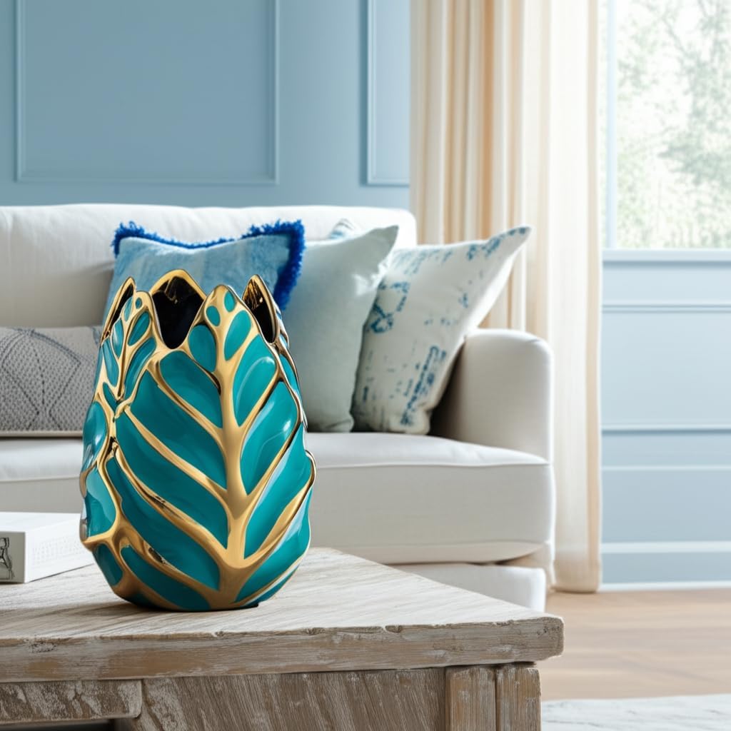 Modern Ceramic Vase for Home Decor – Sculpted Accent Decor for Living Room Decor, Bedroom Accent, Tabletop, or Office Shelf Decor – Decorative Contemporary Flower Vase – 8" Turquoise & Gold