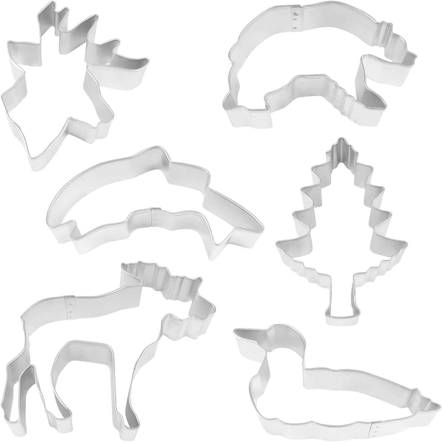 R&M International Northwoods Nature Cookie Cutters, Deer, Salmon, Loon, Bear, Tree, Moose, 6-Piece Set, Silver