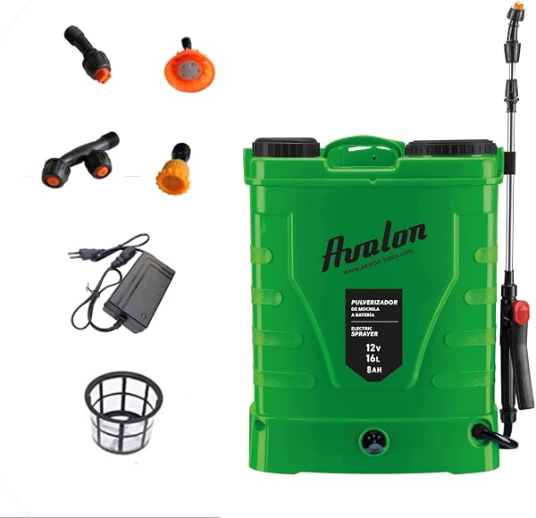 Avalon - Pulverizador de Mochila a Presión con Batería Recargable, Tanque 16L, Lanza INOX Verde. Incluye arnés, Cargador y Set de boquillas de pulverizado - 1