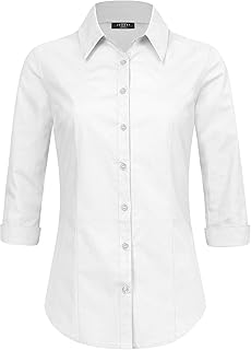 Made By Johnny MBJ Women's Solide 3/4 Sleeve Stretchy Button Down Collared Office Formal Casua Blouse (S~3XL)