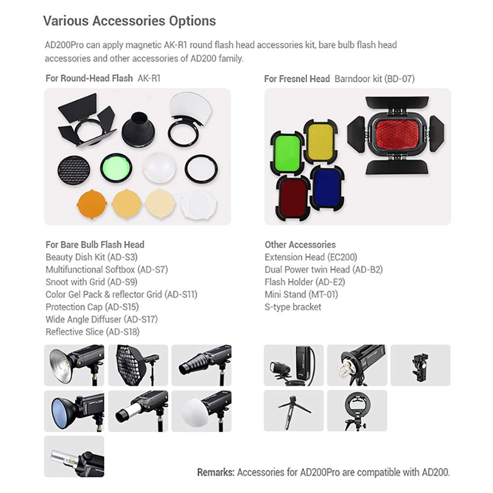 Godox AD200 Pro Version Flash Flash, 200 WS 2,4 G Flash 1/8000 HSS, 500 Full Power, 0,01-2,1 s Recyclage, Batterie 2900 mAh, Ampoule Flash/Speedlite Fresnel Flash Head