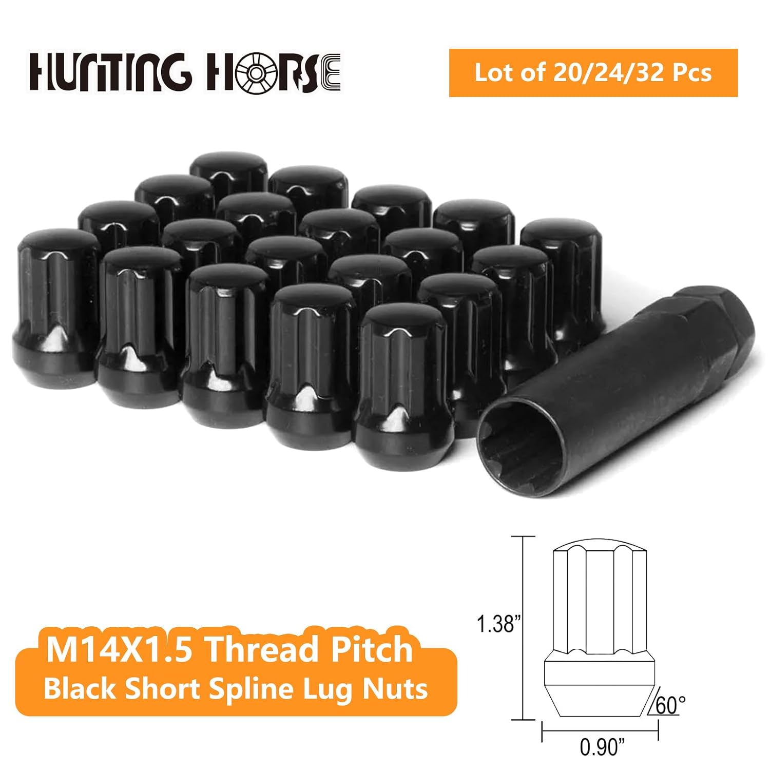 24Pcs Short Spline Lug Nuts 14mmx1.5 with 1 Socket Key Compatible with 2008 & Up Dodge Charger Challenger, 1.38" Long, 0.9" Width, Black
