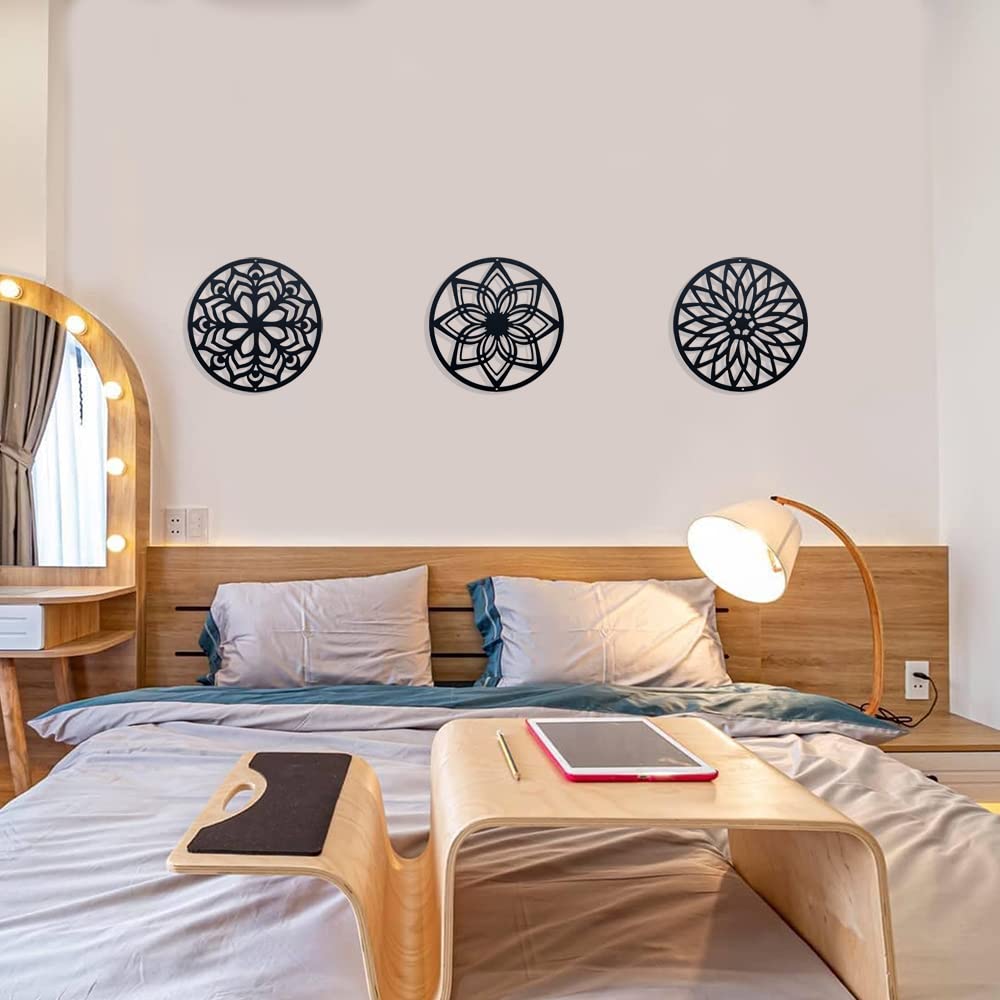 DUOOLN 11" Metal Sacred Geometry Wall Art 3 PCS Set, Round Abstract Lotus Flower Wall Decor Artwork, Suitable for Home Indoor and Outdoor and Yoga Studio Decoration(Black)