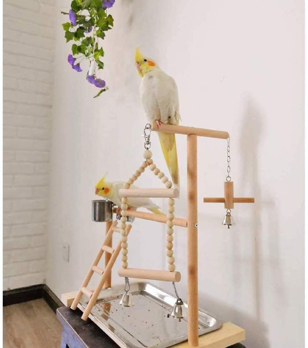Vogelkletterbaum mit natürlichen Holzstangen, Vogelspielzeug, Vogelschaukel. Vogelspielplatz, Sitzplatz im Freien, Freiflug-Landeplatz für Wellensittich, Nymphensittich, 40 * 23 * 36CM