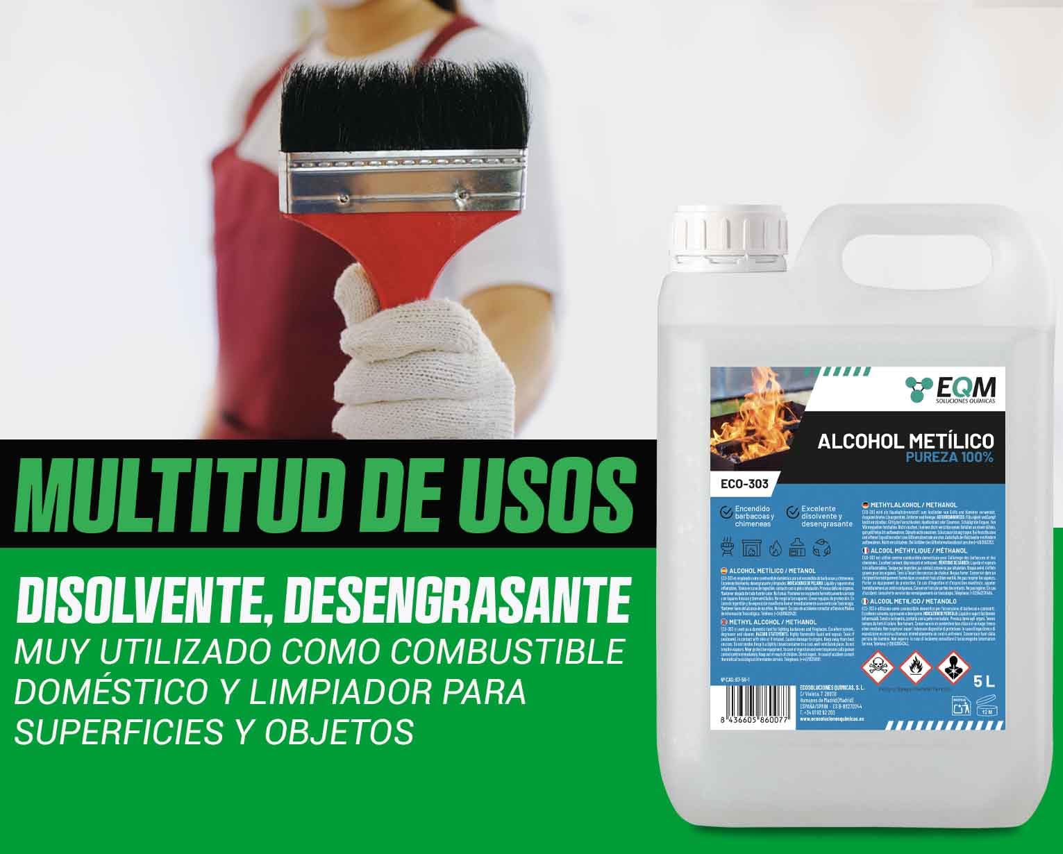 EQM - ECO-303 - Alcohol Metílico 99% Pureza - Metanol - 5L - Combustible de chimeneas y barbacoas - Disolvente industrial, desengrasante y limpiador de superficies