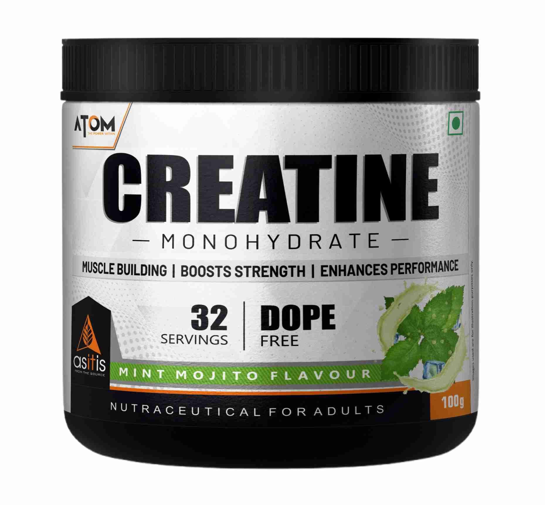 Asitis Nutrition Atom Creatine Monohydrate Powder 100 grams - 32 Servings | Dope Free | Enhances Performance | Promotes Muscle Gains | Mint Mojito Flavour