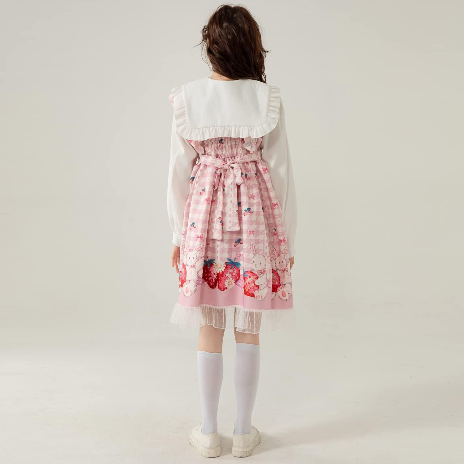 Sweet Teens Japanese Style Lolita Dress Cute Bunny Strawberry Print High Waist Plaid Dresses