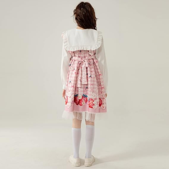 Sweet Teens Japanese Style Lolita Dress Cute Bunny Strawberry Print High Waist Plaid Dresses