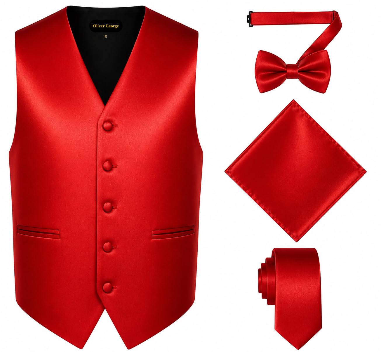 Oliver George 4pc Men's Solid Formal Suit Waistcoat Tuxedo Dress Vest Necktie Bowtie Handkerchief Set for Suit or Tuxedo